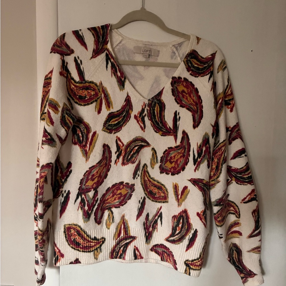LOFT Women's V-Neck Sweater with Red and Yellow Pattern
